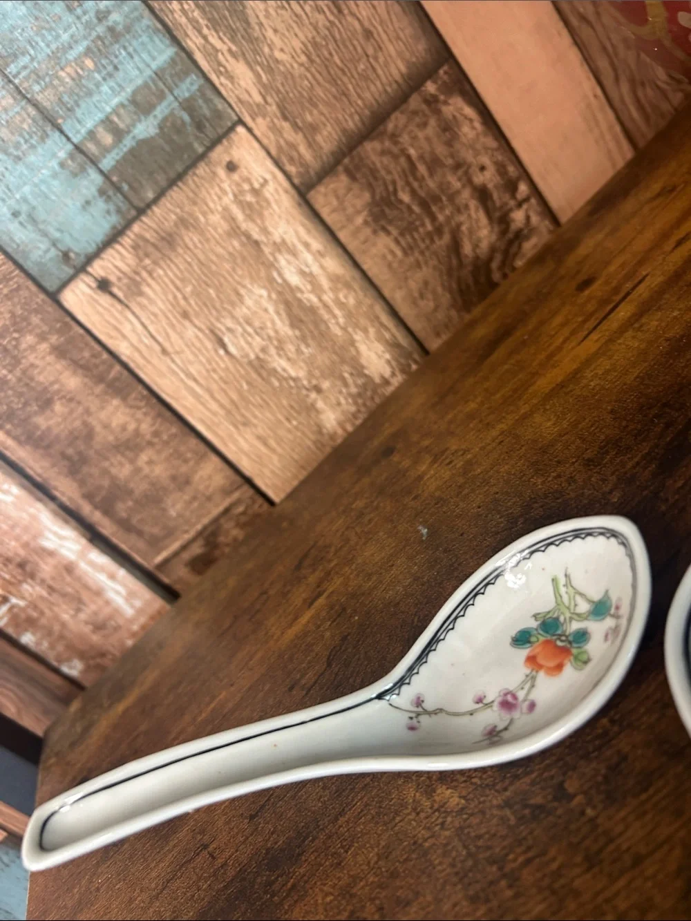 Porcelain Floral Soup Spoons - White with Orange Floral Accent